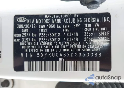 2013 Kia Sorento Ex from USA, damaged, VIN 5XYKUCA6XDG350088